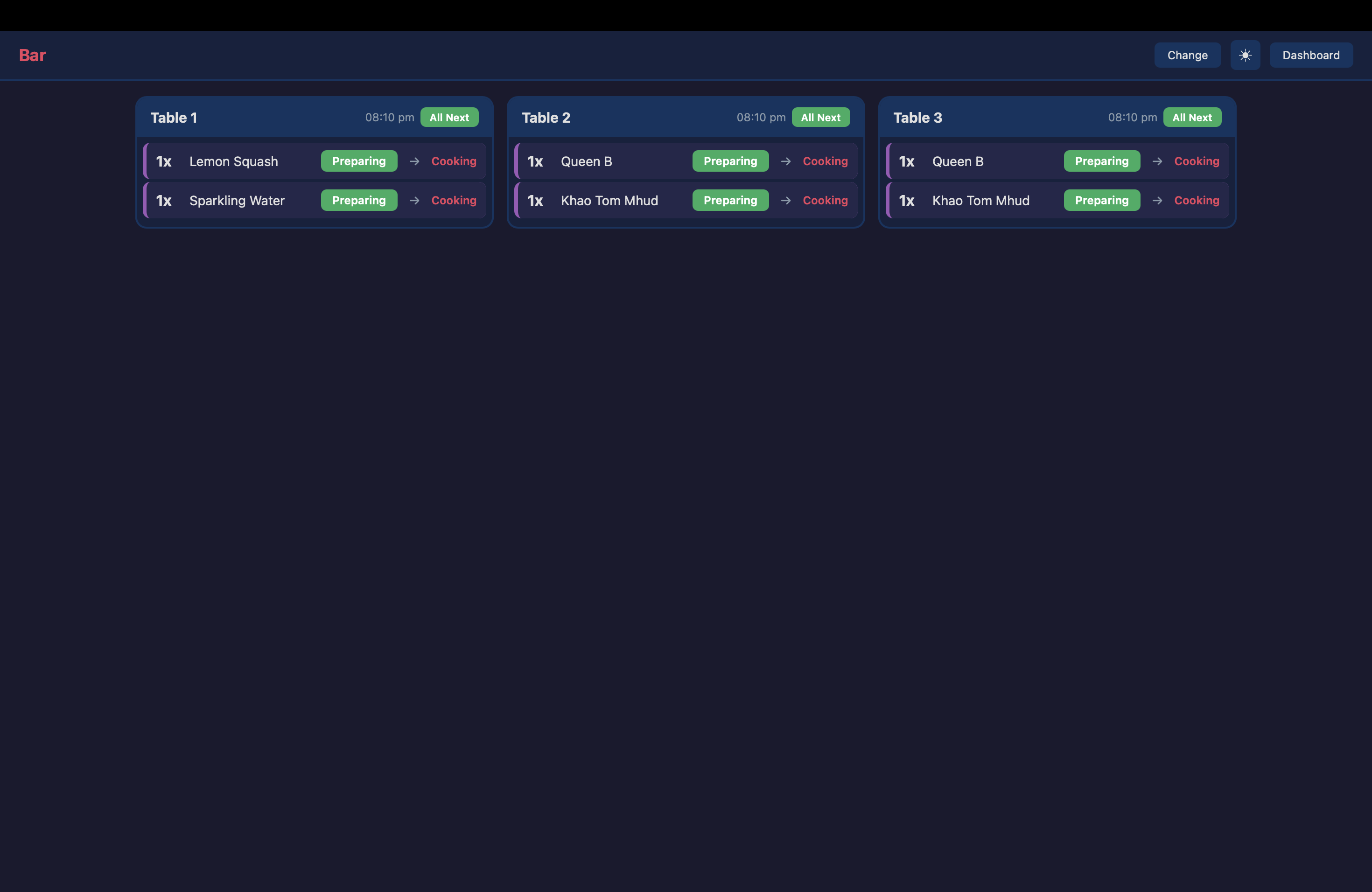 EzyOrder Bar Display in dark mode showing drinks orders by table