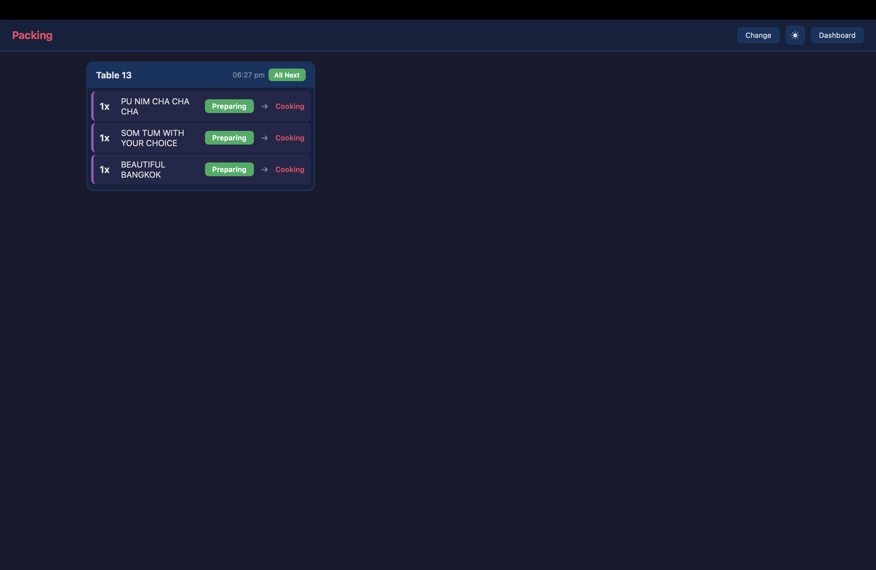 EzyOrder Packing Display in dark mode showing takeaway items by table